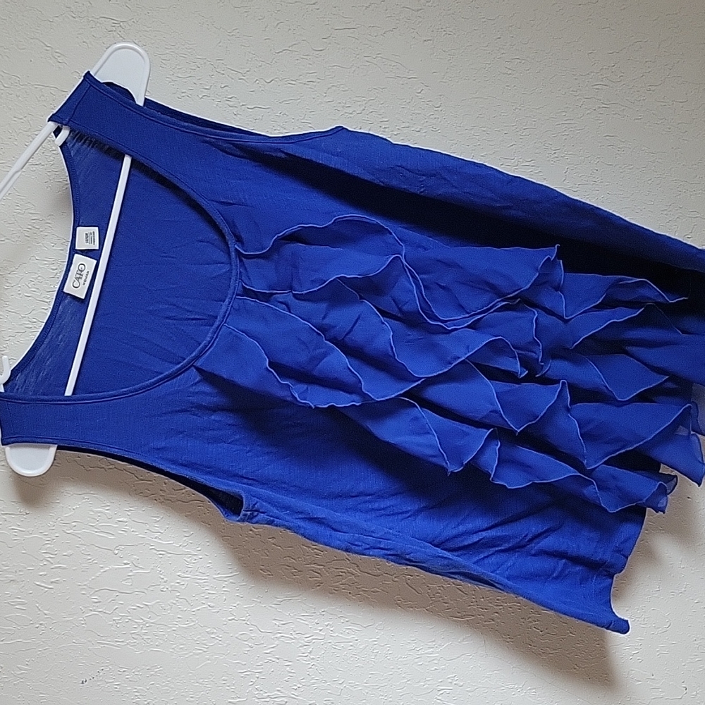 Blue ruffle front tank top